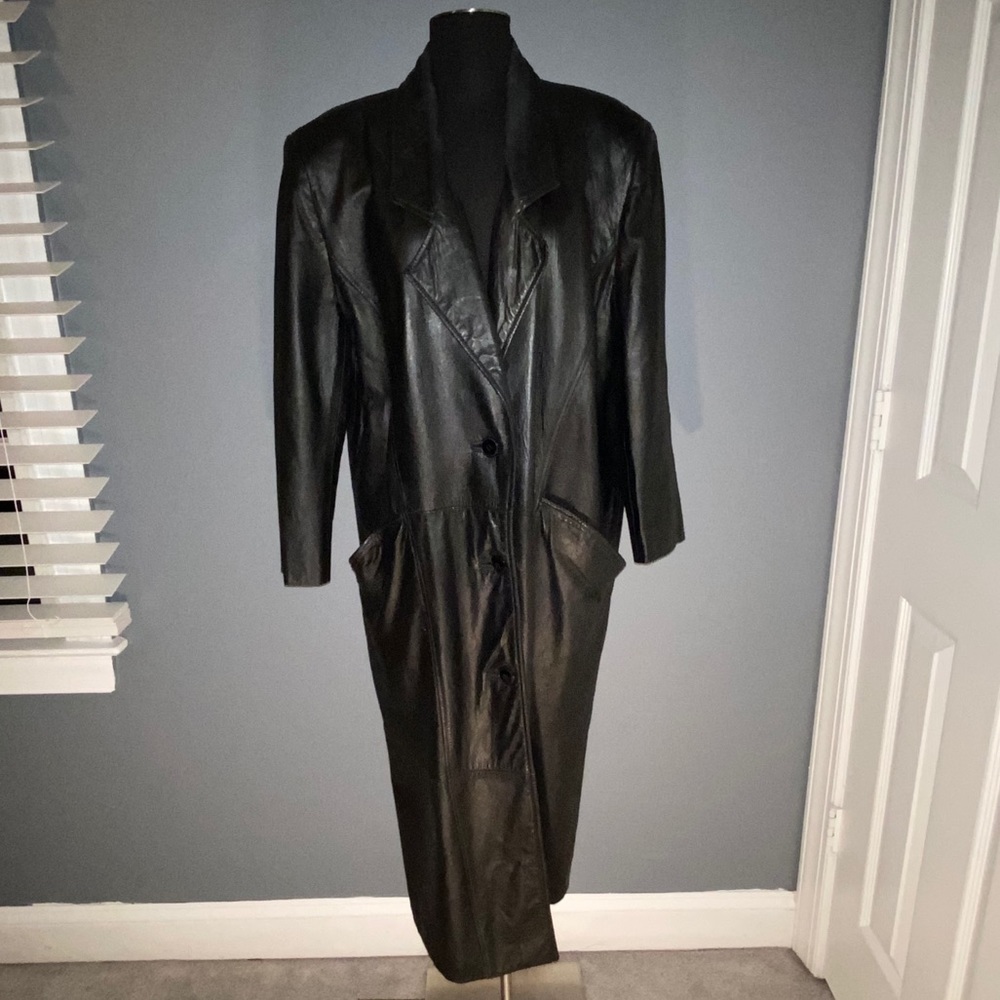 Vintage 80s Leather Coat Full Length Black Large